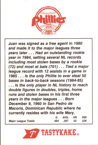 1987 Tastykake Philadelphia Phillies #NNO Juan Samuel Back