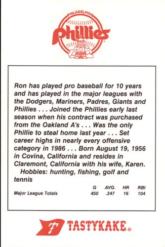 1987 Tastykake Philadelphia Phillies #NNO Ron Roenicke Back