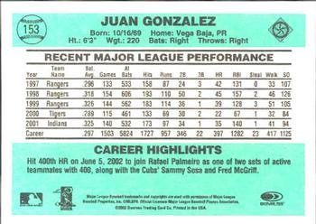 2002 Donruss Originals #153 Juan Gonzalez Back