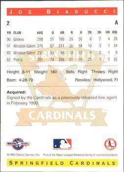 1993 Classic Best Springfield Cardinals #2 Joe Biasucci Back