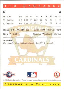 1993 Classic Best Springfield Cardinals #6 Tim DeGrasse Back