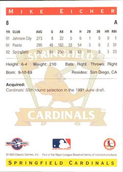 1993 Classic Best Springfield Cardinals #8 Mike Eicher Back