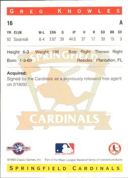 1993 Classic Best Springfield Cardinals #16 Greg Knowles Back
