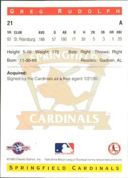 1993 Classic Best Springfield Cardinals #21 Greg Rudolph Back
