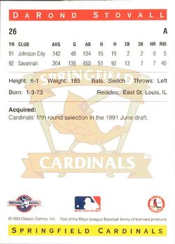 1993 Classic Best Springfield Cardinals #26 DaRond Stovall Back