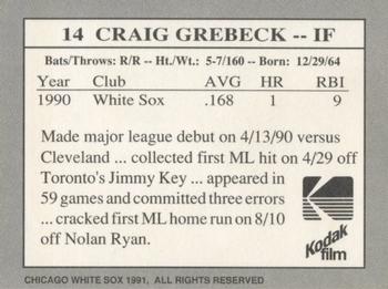 1991 Kodak Chicago White Sox #14 Craig Grebeck Back