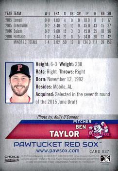 2017 Choice Pawtucket Red Sox #27 Ben Taylor Back
