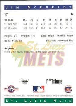 1993 Classic Best St. Lucie Mets #17 Jim McCready Back