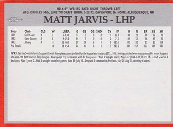 1994 Baltimore Orioles Program Cards #NNO Matt Jarvis Back