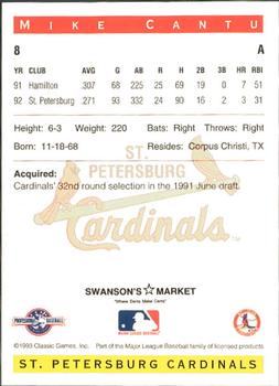 1993 Classic Best St. Petersburg Cardinals #8 Mike Cantu Back
