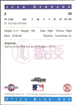 1993 Classic Best Utica Blue Sox #8 Juan DeBrand Back