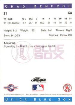 1993 Classic Best Utica Blue Sox #21 Chad Renfroe Back