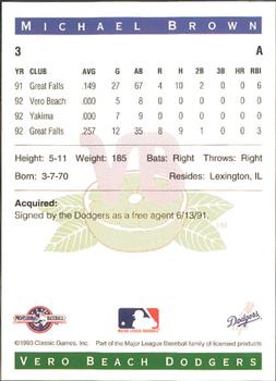 1993 Classic Best Vero Beach Dodgers #3 Michael Brown Back