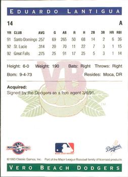 1993 Classic Best Vero Beach Dodgers #14 Eduardo Lantigua Back