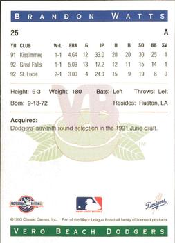1993 Classic Best Vero Beach Dodgers #25 Brandon Watts Back