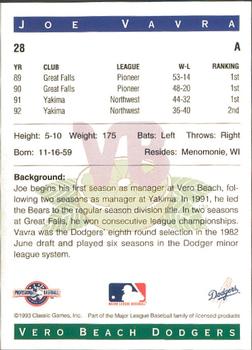 1993 Classic Best Vero Beach Dodgers #28 Joe Vavra Back