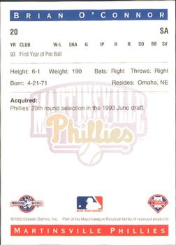 1993 Classic Best Martinsville Phillies #20 Brian O'Connor Back
