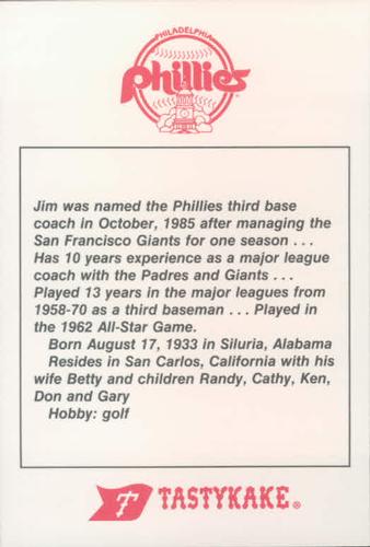 1986 Tastykake Philadelphia Phillies #NNO Jim Davenport Back