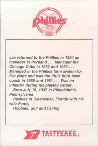 1986 Tastykake Philadelphia Phillies #NNO Lee Elia Back