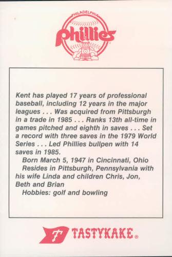 1986 Tastykake Philadelphia Phillies #NNO Kent Tekulve Back