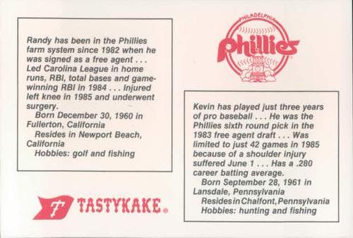 1986 Tastykake Philadelphia Phillies #NNO Kevin Ward / Randy Day Back