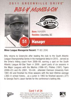 2011 MultiAd Greenville Drive #1 Billy McMillon Back