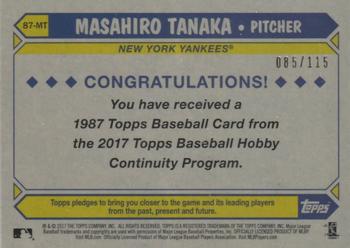 2017 Topps - 1987 Topps Baseball 30th Anniversary Chrome Silver Pack Blue Refractor (Series Two) #87-MT Masahiro Tanaka Back