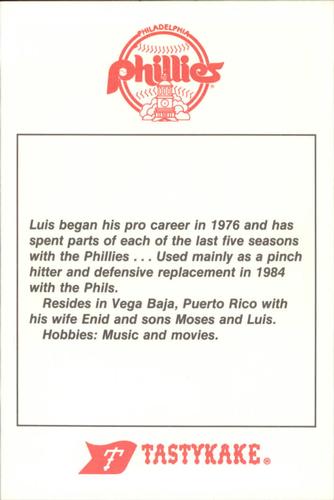 1985 Tastykake Philadelphia Phillies #NNO Luis Aguayo Back