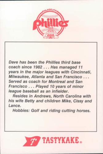 1985 Tastykake Philadelphia Phillies #NNO Dave Bristol Back