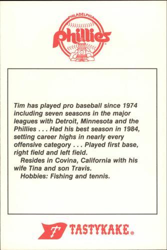 1985 Tastykake Philadelphia Phillies #NNO Tim Corcoran Back