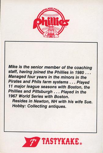 1985 Tastykake Philadelphia Phillies #NNO Mike Ryan Back