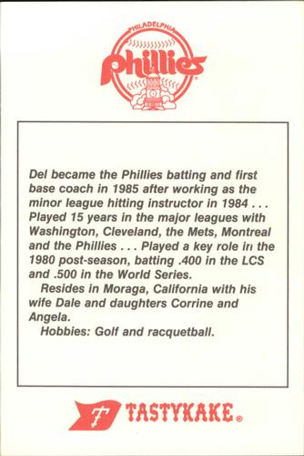 1985 Tastykake Philadelphia Phillies #NNO Del Unser Back