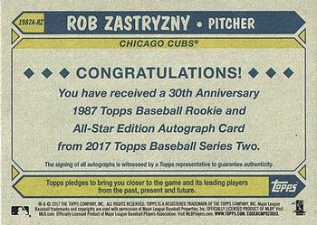2017 Topps - 1987 Topps Baseball 30th Anniversary Rookie and All-Star Edition Autographs #1987A-RZ Rob Zastryzny Back