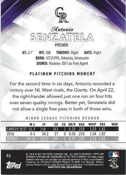 2017 Bowman Platinum #46 Antonio Senzatela Back