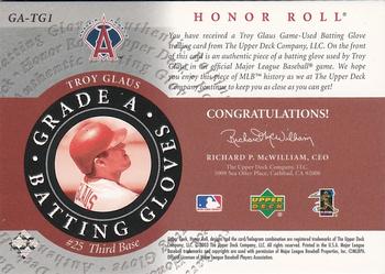 2003 Upper Deck Honor Roll - Grade A Batting Gloves #GA-TG1 Troy Glaus Back