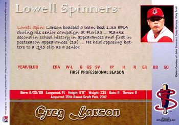 2012 Grandstand Lowell Spinners #NNO Greg Larson Back