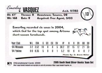 2005 Grandstand South Bend Silver Hawks #NNO Esmerling Vasquez Back