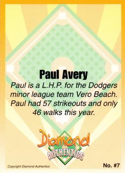 2000 Diamond Authentics Autographs - Base Set (unsigned) #7 Paul Avery Back