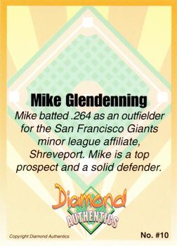 2000 Diamond Authentics Autographs - Base Set (unsigned) #10 Mike Glendenning Back