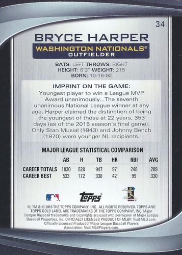 2016 Topps Gold Label 5x7 - Class 2 5x7 #34 Bryce Harper Back