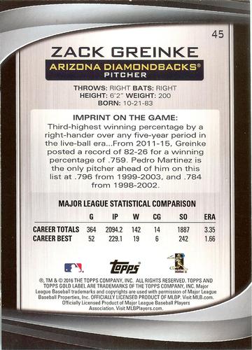 2016 Topps Gold Label 5x7 - Class 2 5x7 #45 Zack Greinke Back