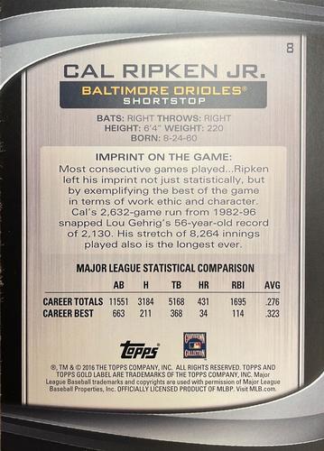 2016 Topps Gold Label 5x7 - Class 3 5x7 #8 Cal Ripken Jr. Back