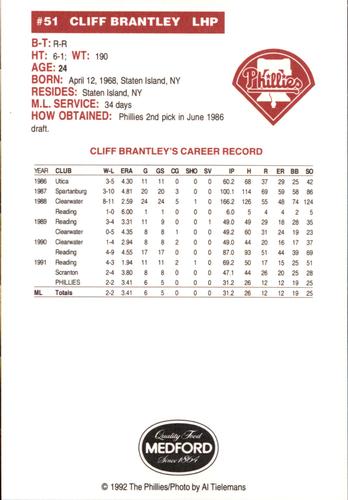 1992 Medford Philadelphia Phillies Photocards #NNO Cliff Brantley Back