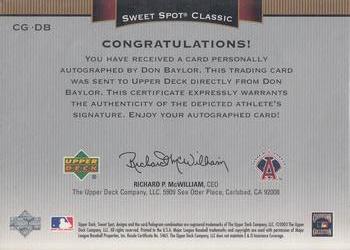 2003 Upper Deck Sweet Spot Classic - Autographs Red Ink #CG-DB Don Baylor Back