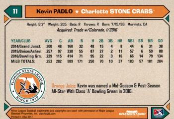 2017 Grandstand Florida State League Top Prospects #NNO Kevin Padlo Back
