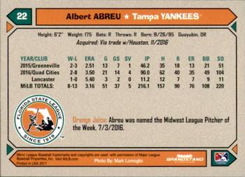2017 Grandstand Florida State League Top Prospects #NNO Albert Abreu Back