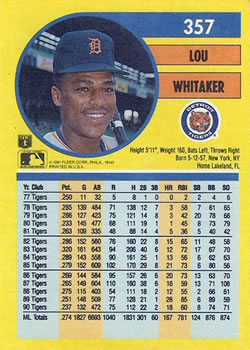 1991 Fleer #357 Lou Whitaker Back