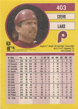 1991 Fleer #403 Steve Lake Back
