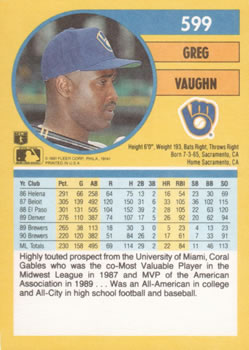 1991 Fleer #599 Greg Vaughn Back