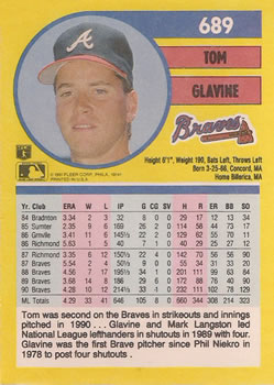 1991 Fleer #689 Tom Glavine Back